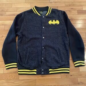 Mens Batman Varsity Jacket Black Yellow Logo Snap Front Size L